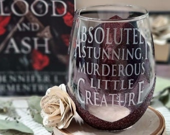 Absolutely Stunning Murderous Creature, Glittered Wine Glass, From Blood and Ash,  Jennifer L Armentrout, Bookish, Bookstagram, reader