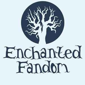 May include: A dark blue logo with a white silhouette of a bare tree inside a circle. The text "Enchanted Fandom" is below the circle.