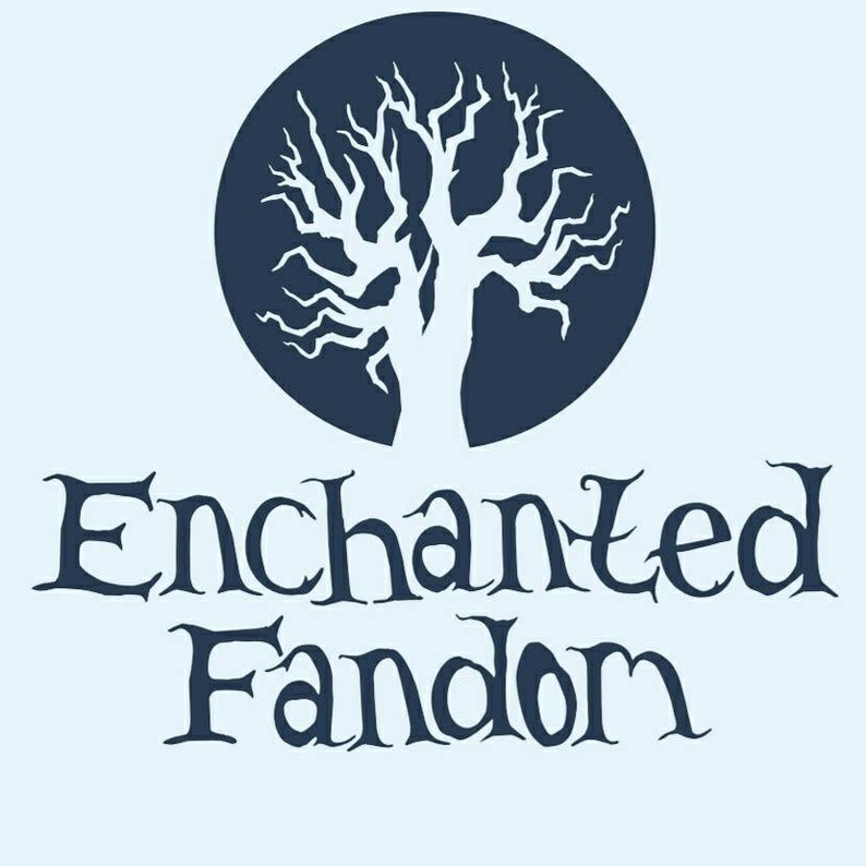 May include: A dark blue logo with a white silhouette of a bare tree inside a circle. The text "Enchanted Fandom" is below the circle.