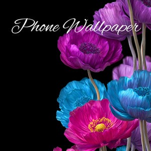 May include: A digital art floral design featuring vibrant purple, blue, and pink flowers with yellow centers against a black background. The words "Phone Wallpaper" are written in white script.