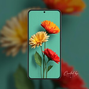 Vibrant Floral Phone Wallpaper, Teal Background Botanical Design (Digital Download)