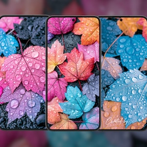 May include: Three smartphones displaying a vibrant wallpaper of colourful maple leaves covered in water droplets. The leaves are shades of pink, blue, orange, and purple. The right screen features the cursive text Created by XAY CO.