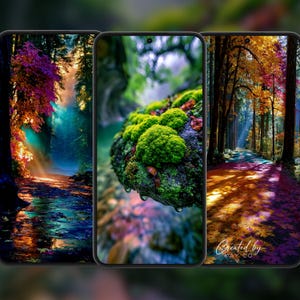 May include: Three smartphones displaying vibrant nature-themed wallpapers. The left shows a colorful forest path, the center features a close-up of bright green moss on a rock, and the right displays an autumn forest trail with the text Created by KAY CO.