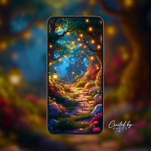 Tapeta na telefon „Zaczarowany Ogród Latarni”, Magiczna Ścieżka Leśna, Przytulna Fantastyczna Natura (Pobranie Cyfrowe)
