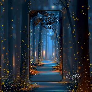 May include: A smartphone displaying a digital illustration of a dark forest path illuminated by glowing yellow fireflies. The screen shows tall trees and a blue-toned trail. The text Created by KAY CO with a small heart is visible in the corner.