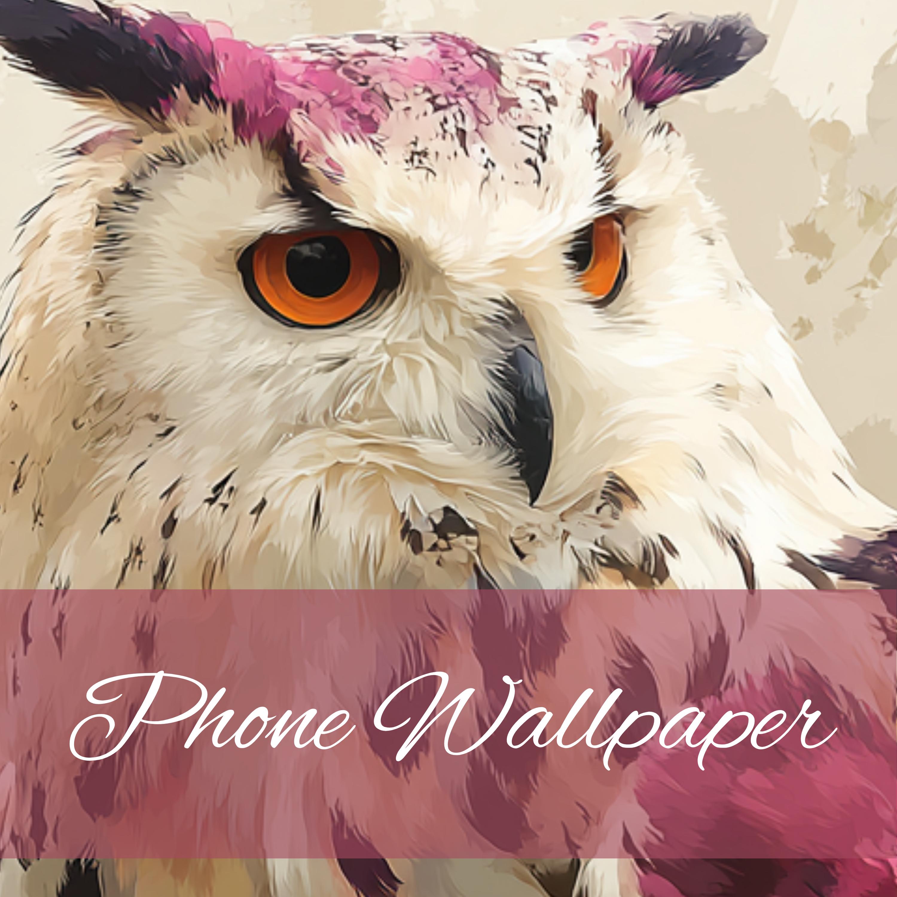 Artistic Owl Phone Wallpaper, Pink Accent Bird, Neutral Phone Background (Digital Download)