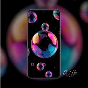 Fond d'écran irisé à bulles pour téléphone | Art galaxie néon sombre (Téléchargement numérique)