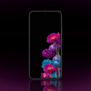 Könnte beinhalten: Ein Smartphone mit schwarzem Rahmen und schwarzem Bildschirm, der eine lebendige Blumengrafik anzeigt. Die Grafik zeigt eine Ansammlung von magentafarbenen, violetten und blauen mohnartigen Blüten mit gelben Zentren auf der rechten Seite.