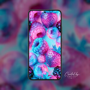 Beeren-Hintergrundbild fürs Handy | Pink-blauer Frucht-Sperrbildschirm (Digitaler Download)