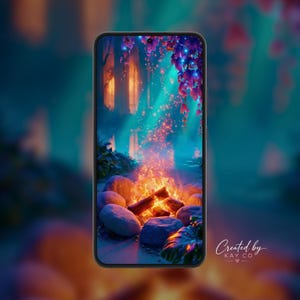 Enchanted Forest Campfire Wallpaper | Magical Glowing Woodland Lock Screen (Digital Download)