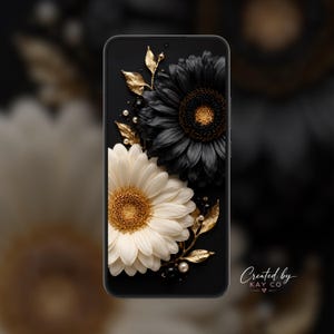 Black Ivory Gold Floral Phone Wallpaper, Luxury Botanical Daisy (Digital Download)