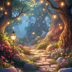 Enchanted Lantern Garden Phone Wallpaper, Magical Forest Path, Cozy Fantasy Nature (Digital Download)