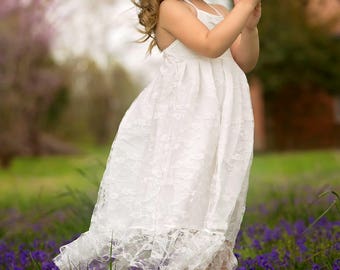 Lace Flower Girl Dress, Rustic Flower Girl Dress, Boho Flower Girl Dress, Off White Dress, Burlap Embellished, Maxi Dress, Beach Flower Girl