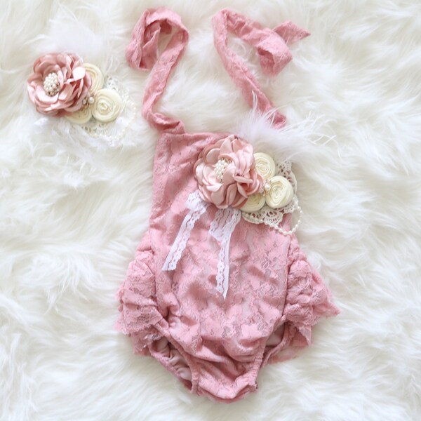 Shabby Chic Lace Baby Romper, Blush Lace Baby Romper, Baby Shower Gift, Burlap First Birthday Outfit, Ruffle Romper, Burlap Headband