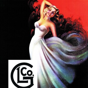 May include: Vintage illustration of a woman in a white strapless gown with sparkling accents. The artwork features a red and black background, with the woman's blonde hair and smile highlighted. A logo is in the lower left corner.