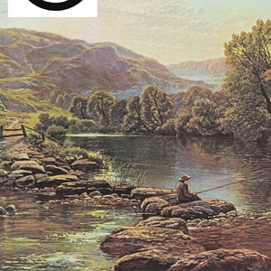 May include: A vintage illustration of a person fishing in a river. The river is surrounded by green trees and hills. The sky is blue with white clouds. The image is in a watercolor style.