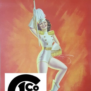 May include: Vintage illustration of a woman in a white majorette uniform with gold accents, holding a baton and a hat. The background is a gradient of orange and red. The image includes a black and white logo.