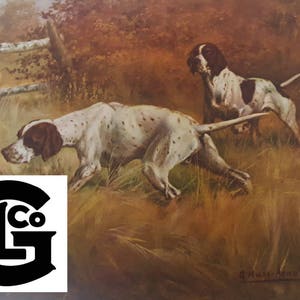 May include: A painting of two white and brown spotted dogs in a field. The dogs are pointing their noses towards the ground, as if they are hunting. The painting is signed "G. Hussey News".