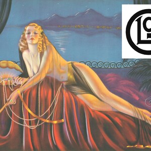 May include: A woman in a flowing gown reclines on a red velvet bed, holding a pearl necklace and a seashell filled with jewels. The background features a dark blue sky with stars and a distant mountain range. The image is a vintage illustration with a stylized art deco aesthetic.