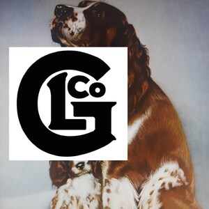 May include: A vintage illustration of two brown and white Springer Spaniel dogs sitting together. The larger dog is looking up and the smaller dog is looking down. The image has a black and white logo with the text "LG Co." in the center.
