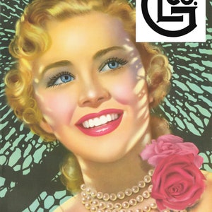May include: A smiling woman with blonde hair and a pearl necklace. She is wearing a green and black patterned dress and a pink rose is on her shoulder. The image also includes the text "L Co."