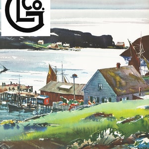 May include: A watercolor painting of a coastal scene with a small village, boats, and a house with a green roof. The painting is signed "CIVAR" in the lower right corner.