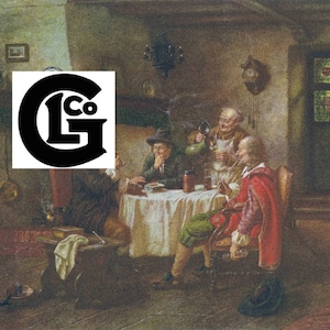 May include: An antique painting depicts a gathering of men in a dimly lit room. The scene includes a table, figures in period clothing, and a logo reading "L Co" in a black, bold font. The artwork has a vintage aesthetic.