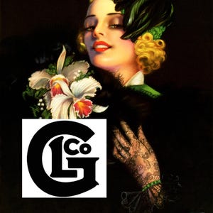 May include: Vintage art deco style portrait of a woman with blonde hair, red lipstick, and a green and black feathered hat. She holds white orchids with red and yellow centers. The image has a dark background and a black and white logo.