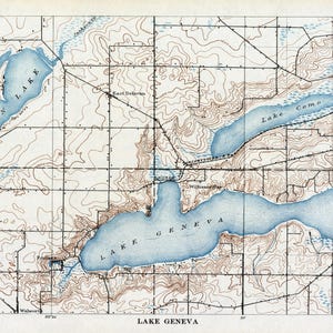 May include: Vintage topographic map of the Lake Geneva area in Wisconsin, featuring blue lakes and waterways against a tan and brown background. The map includes the text "Lake Geneva" and "Wisconsin Survey".