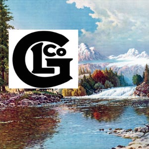 May include: A black and white illustration of the letters "LG Co." against a backdrop of a scenic landscape with a waterfall, mountains, and trees.
