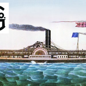 May include: A vintage illustration of a large steamboat with a paddle wheel, two smokestacks, and a flag that reads "Empire State" on the stern. The steamboat is sailing on a body of water with choppy waves. The image is accompanied by a black and white logo that reads "L.G. Co."