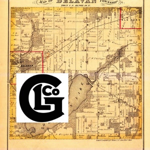 May include: An antique map of Delavan Township, Town 2 N. Range 16 E., Wisconsin. The map is printed in black and brown ink on a cream-colored paper. The map shows the location of roads, rivers, lakes, and buildings. The map also includes the names of the residents of the township.