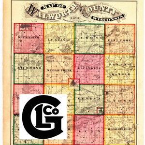 May include: Antique map of Walworth County, Wisconsin, from 1873, featuring a detailed grid of towns and geographical features. The map is in shades of beige, pink, green, and yellow, with the text "Map of Walworth County Wisconsin" at the top. A black and white logo is in the lower left.