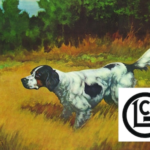 May include: An oil painting of a dog in a field. The dog is white with black spots and a black head. The background features green trees and golden grass. The painting has a vintage feel, with the artist's signature in the lower left corner and a logo in the lower right.