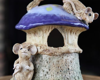 Bird House with mouse sculpture, unique handmade ceramic birdhouse