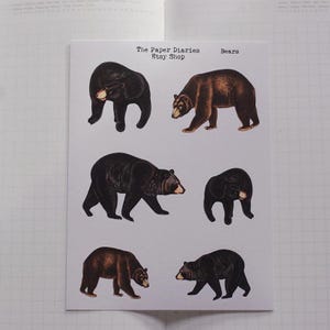 Hoja de calcomanías con ilustración vintage de osos salvajes para llevar un diario, planificar y recortar con Bujo
