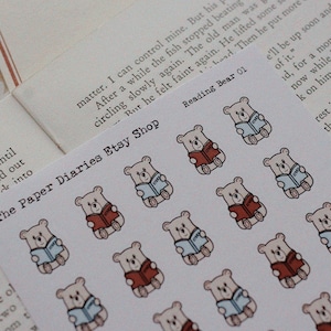 Feuille d'autocollants originale de personnage de Reading Bear - feuilles d'autocollants découpés, articles de papeterie pour un journal décoratif, un planning et un bujo
