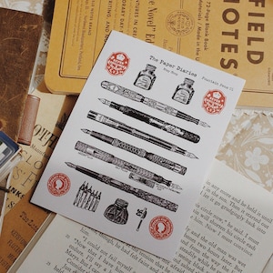 Foglio di adesivi con illustrazioni di penne stilografiche vintage - fogli di adesivi fustellati, cancelleria per diari decorativi, pianificazione e bujo
