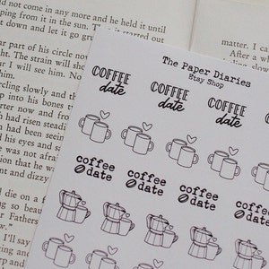 Icono de calcomanía con fuente a mano Coffee Date: hojas de calcomanías troqueladas, artículos de papelería para diarios decorativos, planificación y bujo