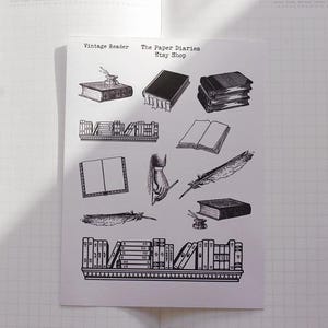 Foglio di adesivi con illustrazione di un lettore vintage, tagliati a bacio, per la pianificazione del diario e la lettura di libri Bujo Bookish