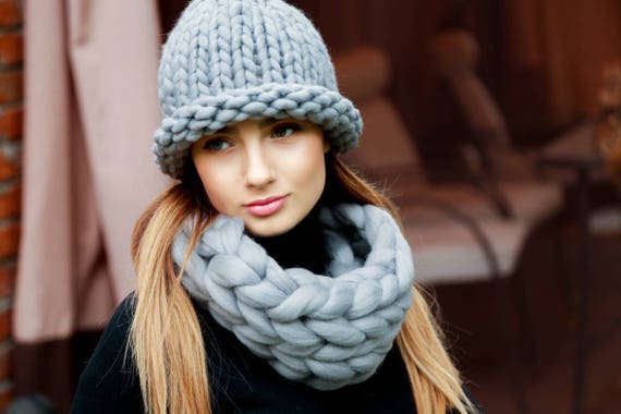 Hand knit Woollen Bobble hat and scarf set Winter fashion Super soft woollen set