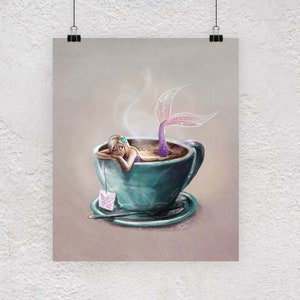 Mermaid Art, Coffee Cup Art, Teacup art, Mermaid Illustration Print