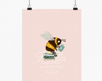 Bee with Book, Bee Book Art Print, BumbleBee Illustration, Honeybee art