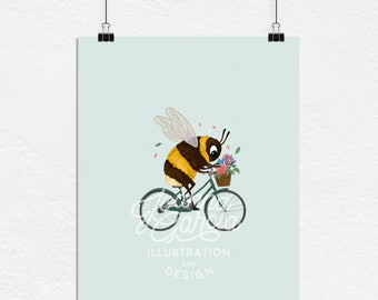 Bee on Bike Art print, BumbleBee Illustration, Bee art