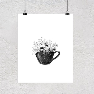 Coffee Art Print, Coffee Floral Illustration, Coffee Home Decor, Coffee Illustration