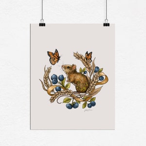 Mouse Art Print, Field Mouse art, Wildflower Art Print, Floral Illustration