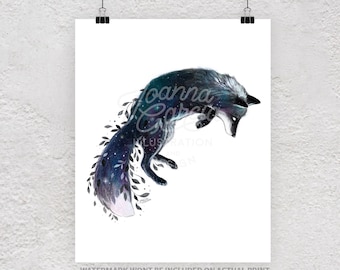 Jumping Fox Art Print, Galaxy Fox, animal art print