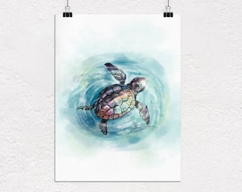 Arte de la pared de la tortuga marina, pintura digital, decoración animal