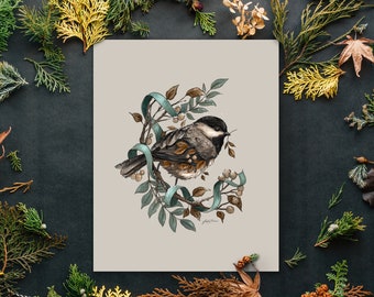 Chickadee Art Print, Wild Bird Artwork, Winter Bird Home Decor