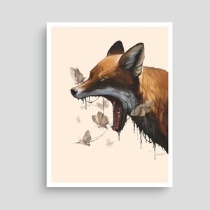 May include: A digital illustration of a red fox with its mouth open, dripping with black paint. The fox is surrounded by brown butterflies.